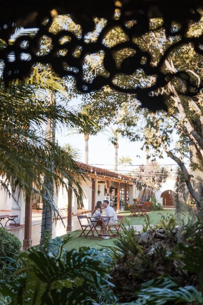 Wide view of the main garden courtyard during Casa Romantica engagement photos in San Clemente, California.