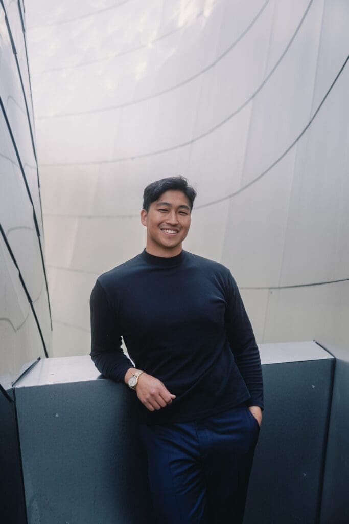 Editorial portrait in an architectural alcove at Walt Disney Concert Hall in Los Angeles California.