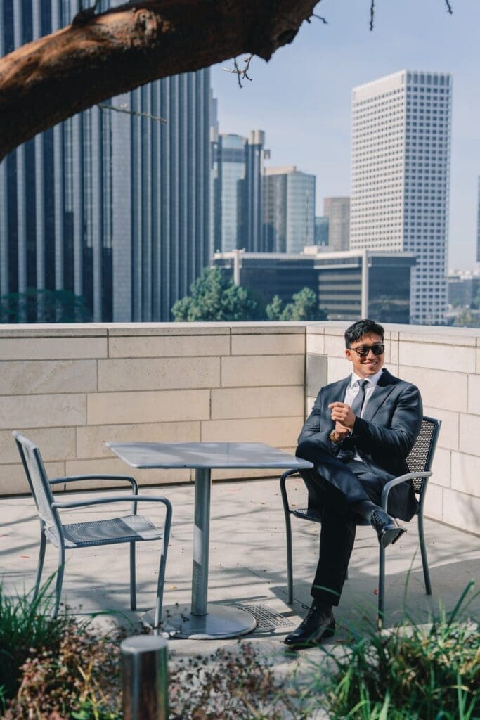 Cityscape backdrop portrait at Walt Disney Concert Hall in Los Angeles California.