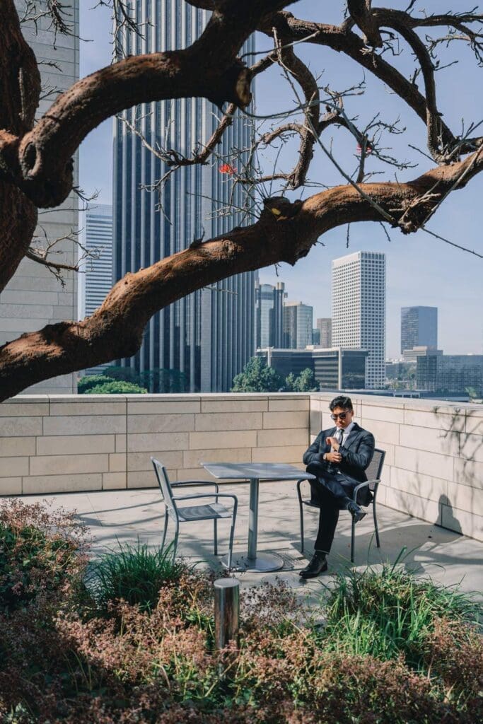 Downtown LA skyline framed during a Walt Disney Concert Hall photo session in Los Angeles California.