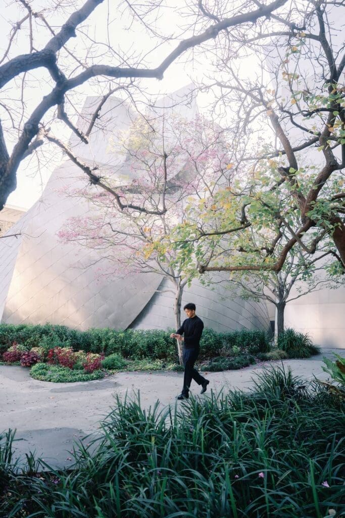 Garden walkway portrait near Walt Disney Concert Hall in downtown Los Angeles California.