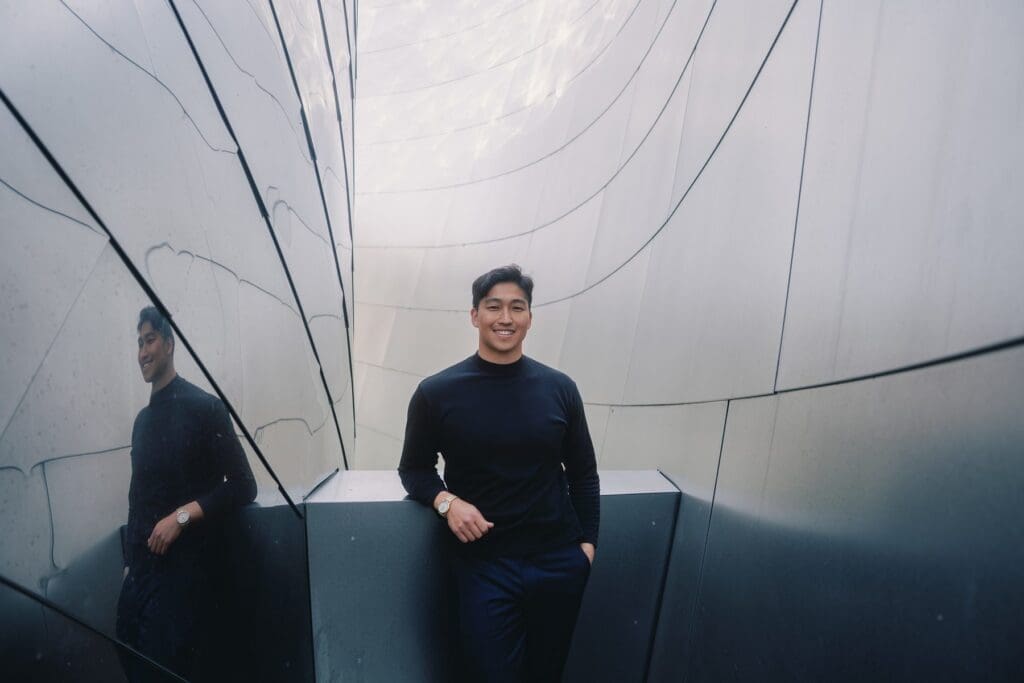 Reflection on stainless steel at Walt Disney Concert Hall headshots in Los Angeles California.