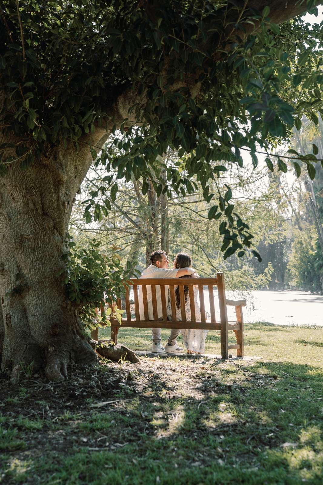 Couple sitting on a garden bench framed by the trunk and leaves of a large tree.