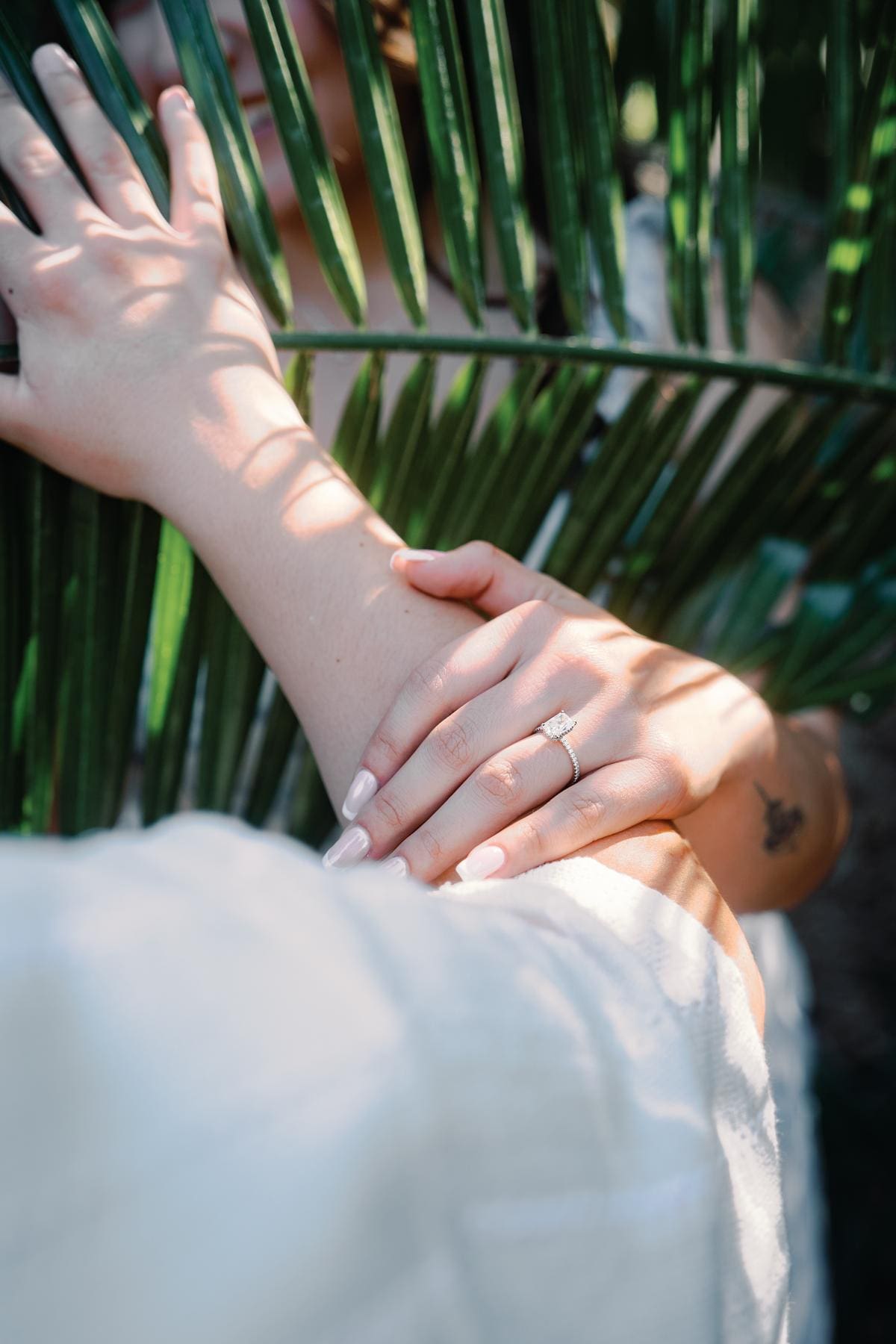 Close view of an engagement ring and hands resting against a green palm leaf.